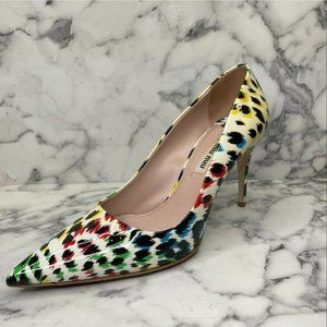 MIU MIU Vernice St. Ani Multi Color Patent Leather Leopard Point Toe Pumps